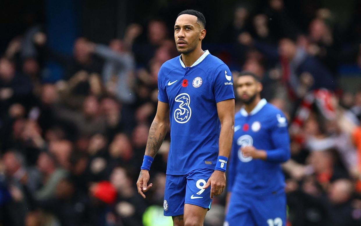 Chelsea's Pierre-Emerick Aubameyang reacts after Arsenal's Gabriel scored their first goal – Pierre-Emerick Aubameyang jets off to Milan after Champions League dumping by Chelsea - Reuters/Hannah McKay