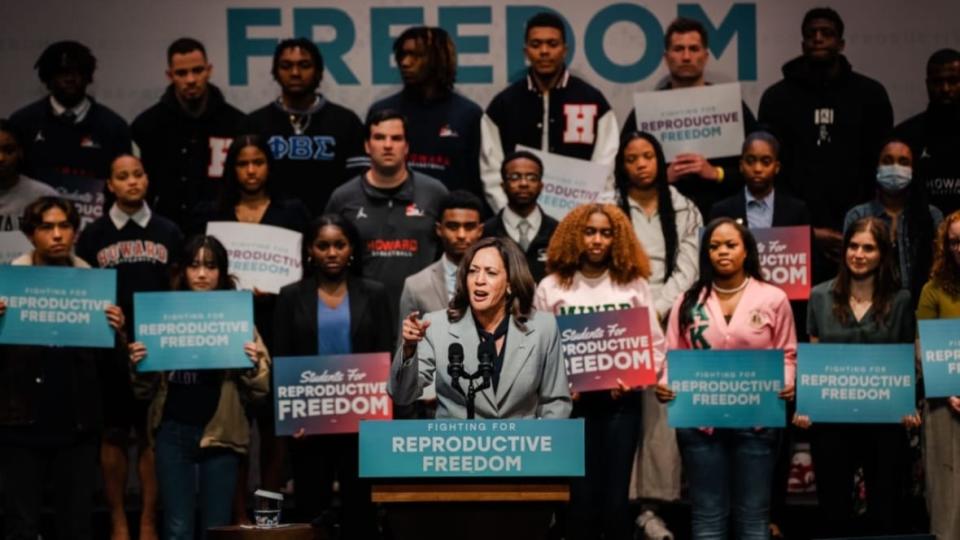 Vice President Kamala Harris speaks April 25 at a rally for reproductive rights at Howard University in Washington, D.C. As a Howard graduate, Harris has been key to the administration’s support of HBCUs. (Photo: Kent Nishimura/Los Angeles Times via Getty Images)