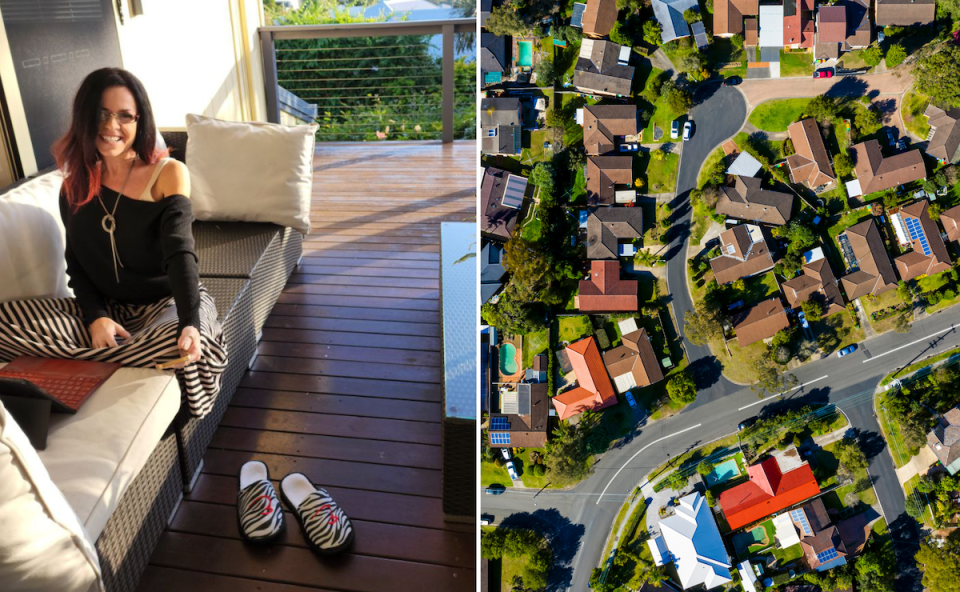 Compilation image of Nicole looking at the camera in her home and areal view of houses to represent mortgages