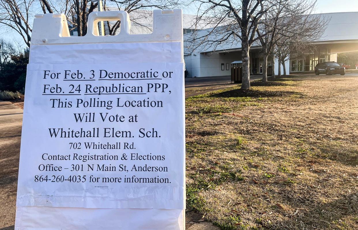 A sign at the Anderson Sports and Entertainment Center precinct location reminds voters that for the South Carolina Republican and Democratic Party Primaries it will be at Whitehall Elementary School in Anderson, S.C. Saturday, February 24. "Call 864-260-4035 for more information."
