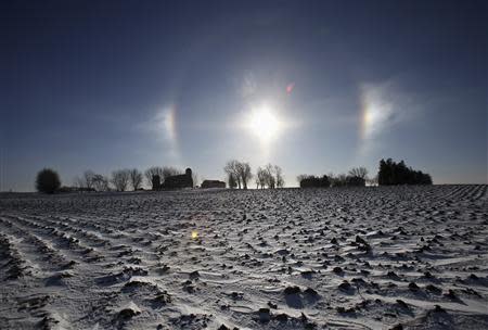 A "sun dog" atmospheric phenomenon appears over a farm in southern Minnesota, January 27, 2014. REUTERS/Eric Miller