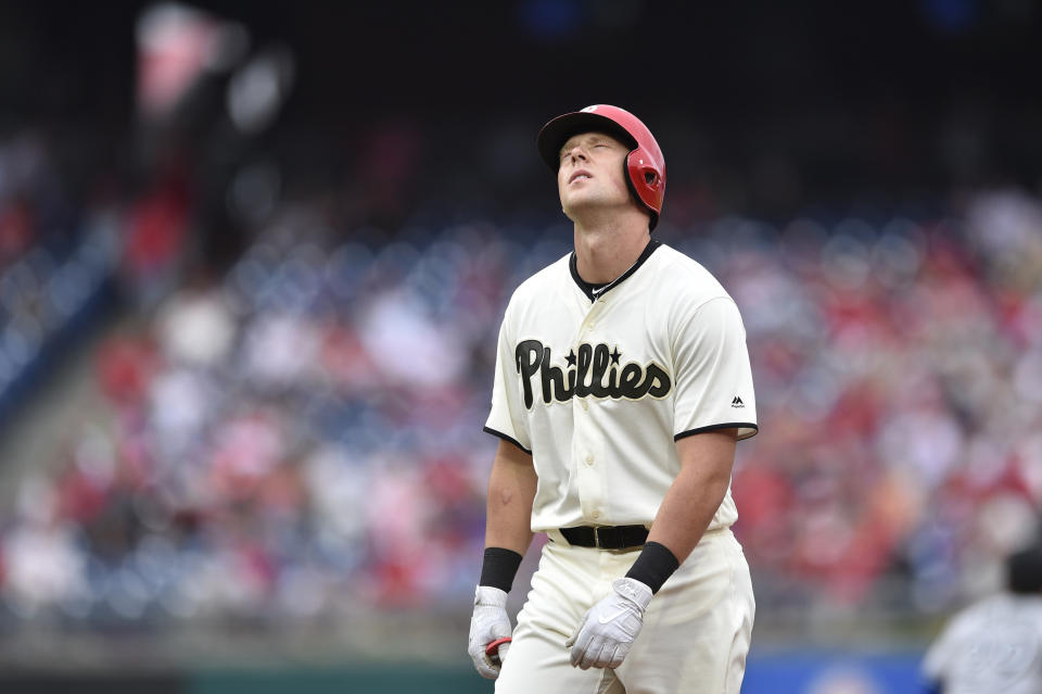 Rhys Hoskins let his frustration get the best of him after a strikeout. (AP Photo)