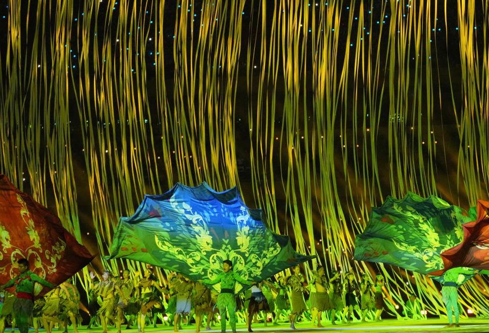 Dancers perform during the opening ceremony of the 32th South East Asian Games at the Morodok Techo National Stadium in Phnom Penh, Cambodia on Friday, May. 5, 2023. (AP Photo/Tatan Syuflana)