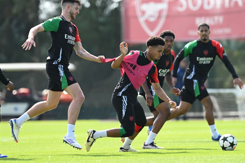 Declan Rice and Ethan Nwaneri of Arsenal during a training session