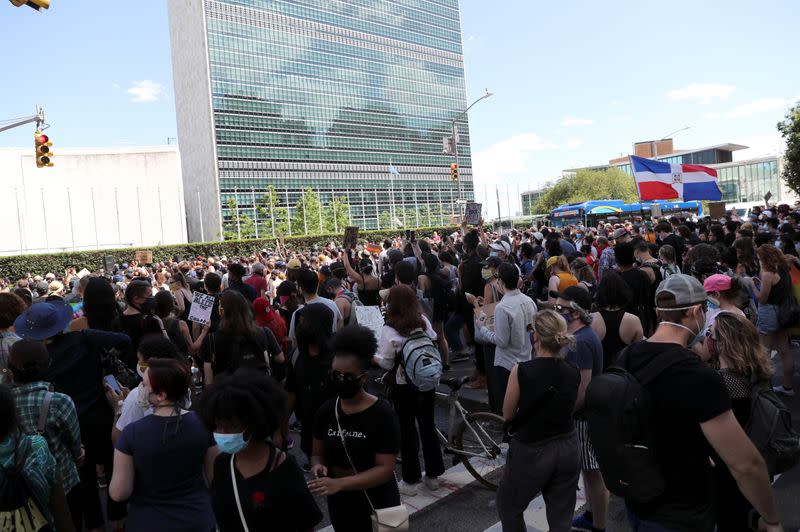 Protest against racial inequality in the aftermath of the death in Minneapolis police custody of George Floyd, in New York