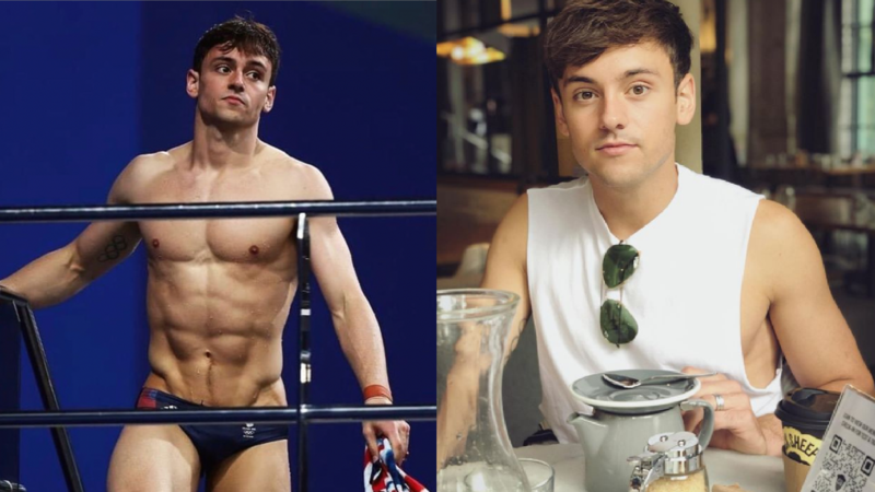 英國跳水選手湯姆戴利在觀眾席打毛線。（翻攝自Tom Daley IG、Olympics推特）