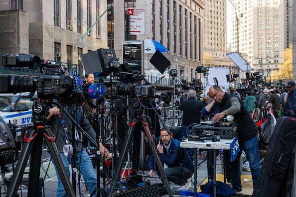 NEW YORK, NEW YORK - APRIL 15: Police and media gather outside of a the Manhattan Criminal Courthouse for the start of first-ever criminal trial against a former president of the United States on April 15, 2024 in New York City. Former President Donald Trump faces 34 felony counts of falsifying business records in the first of his criminal cases to go to trial. (Photo by Spencer Platt/Getty Images)