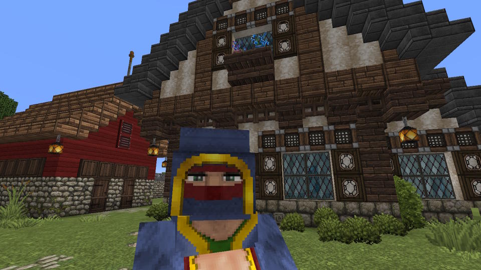 Minecraft texture pack - the John Smith Legacy pack showing a wandering trader in front of a tudor house