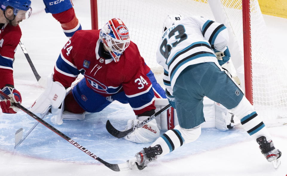 San Jose Sharks' Matt Nieto scores past Montreal Canadiens goaltender Jake Allen during the first period of an NHL hockey game Tuesday, Nov. 29, 2022, in Montreal. (Paul Chiasson/The Canadian Press via AP)