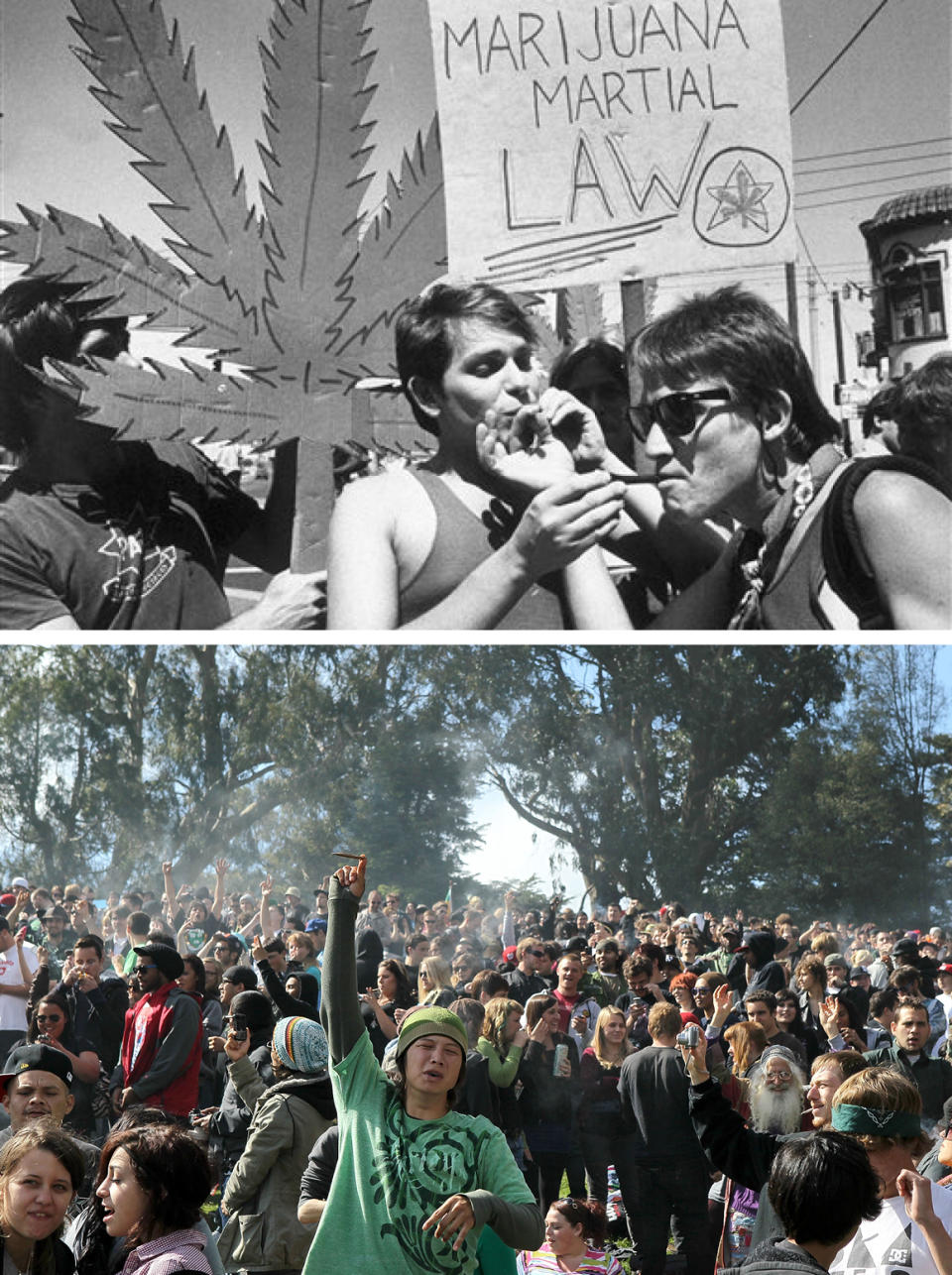 Top: Two protesters take a drag on each other's joints during a rally and parade organized by the Northern California Marijuana Growers in San Francisco in 1984. Bottom: A cloud of smoke rests over the heads of a group of people during a 420 Day celebration on 