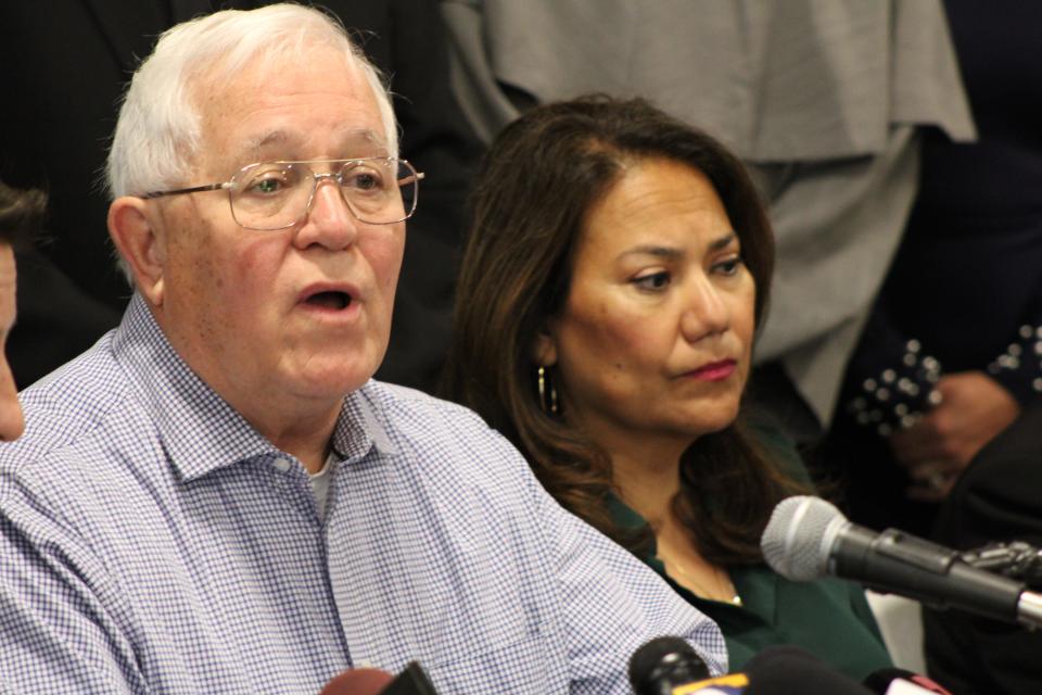 U.S. Rep. Veronica Escobar, D-El Paso, listens as Annunciation House Executive Director Ruben Garcia discusses the lawsuit filed against his organization by Texas Attorney General Ken Paxton during a news conference Friday, Feb. 23, 2024.