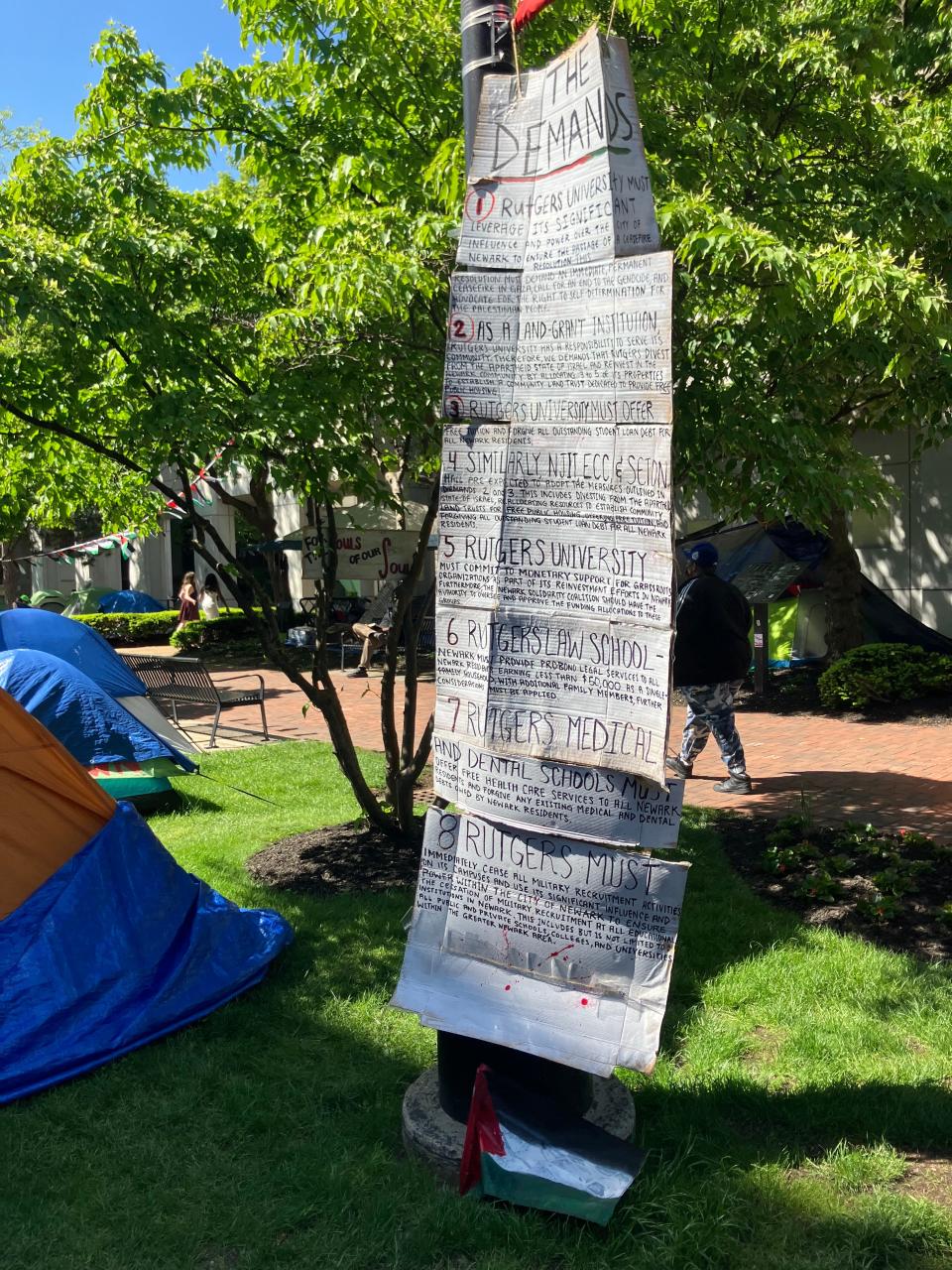 Members of an encampment at Rutgers University’s Newark campus say they will camp out until their school divests. May 7, 2024.