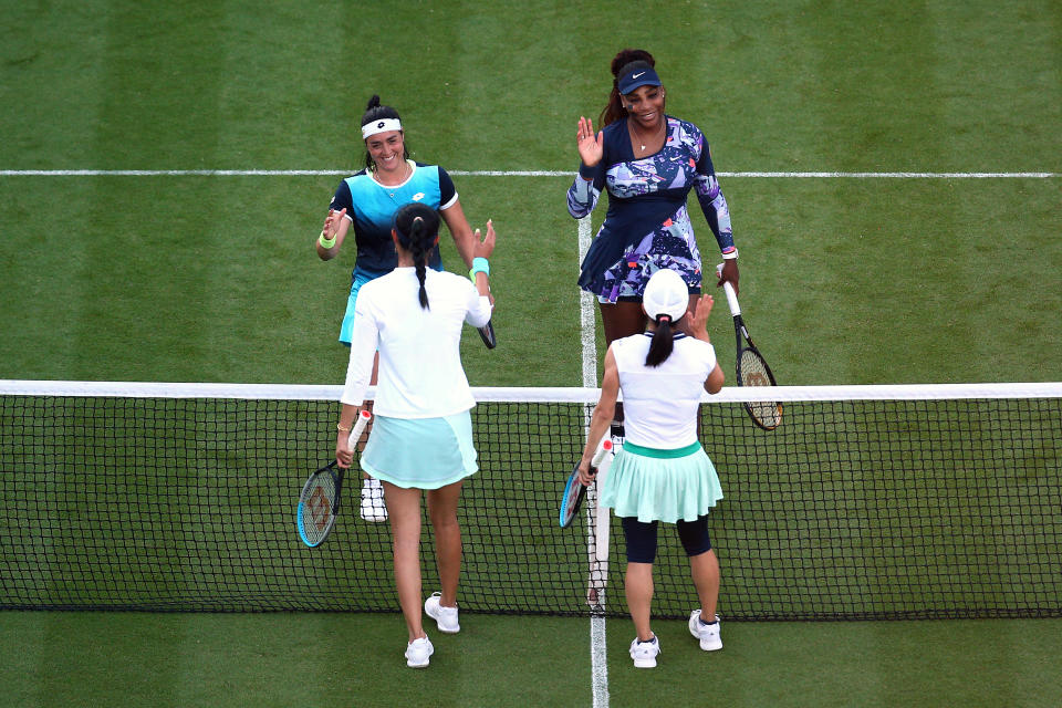 Serena Williams and Ons Jabeur, pictured here after their win over Shuko Aoyama and Hoa-Ching Chan.