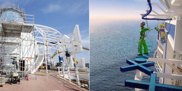 A collage of Royal Caribbean's Icon of the Seas Thrill Island's Category Crown's Edge and Royal Caribbean’s rendering of the space.