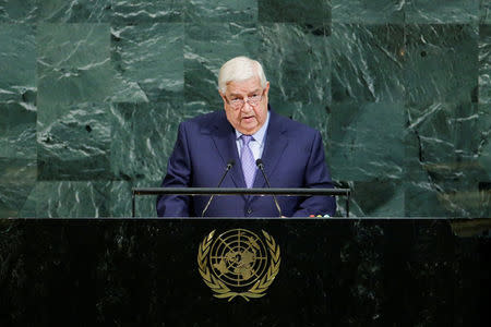 Deputy Prime Minister for Syrian Arab Republic Walid Al-Moualem addresses the 72nd United Nations General Assembly at U.N. headquarters in New York, U.S., September 23, 2017. REUTERS/Eduardo Munoz