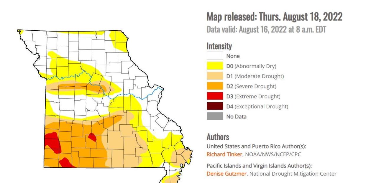 Drought map for Missouri as of Aug. 16, 2022, released by the University of Nebraska's U.S. Drought Monitor on Thursday.