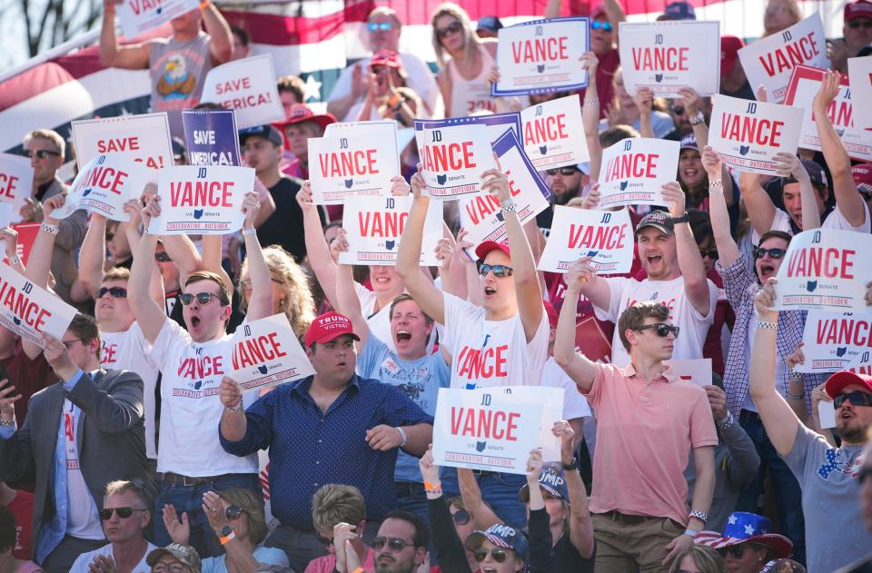 Apr 23, 2022; Delaware, Ohio, USA; Supporters cheer as JD Vance speaks during a rally with former President Donald Trump at the Delaware County Fairgrounds. Mandatory Credit: Adam Cairns-The Columbus Dispatch