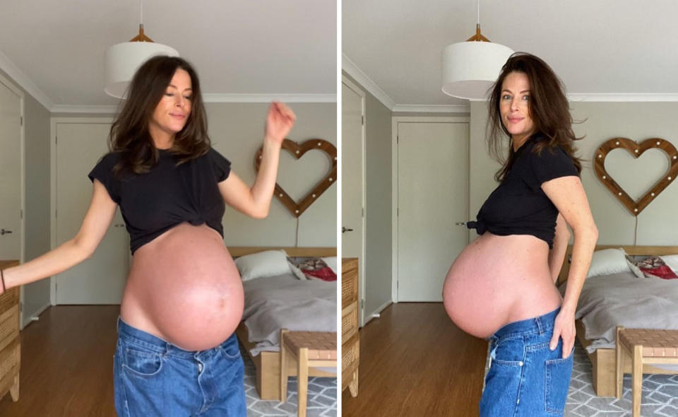 Two photos of Esther Anderson with a large pregnant belly and blue jeans