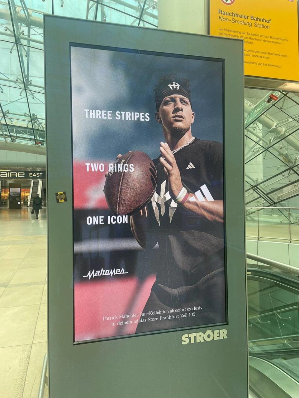 There are multiple Patrick Mahomes advertisements in the Frankfurt, Germany airport.