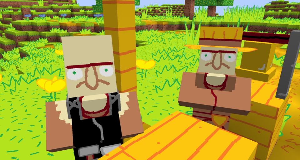 Minecraft texture packs - MS Painted pack shows two villagers with squiggley, unshaded faces look at the player.