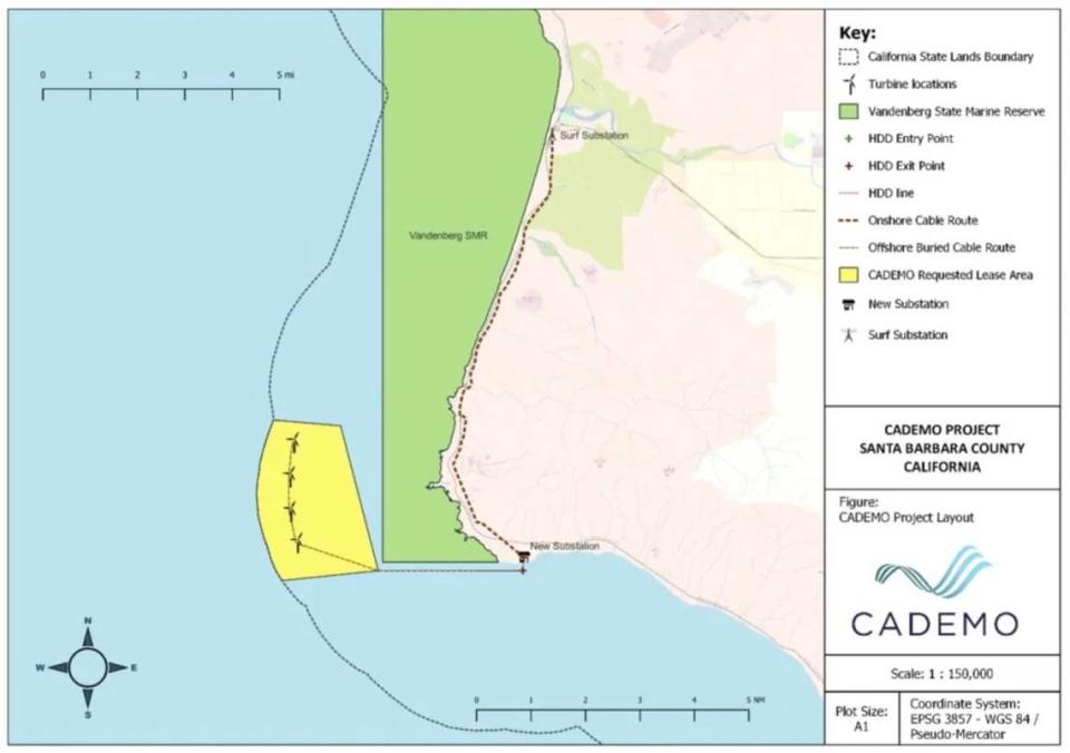 A map shows the location of a proposed offshore wind-energy project near Vandenberg Space Force Base in the Lompoc area.