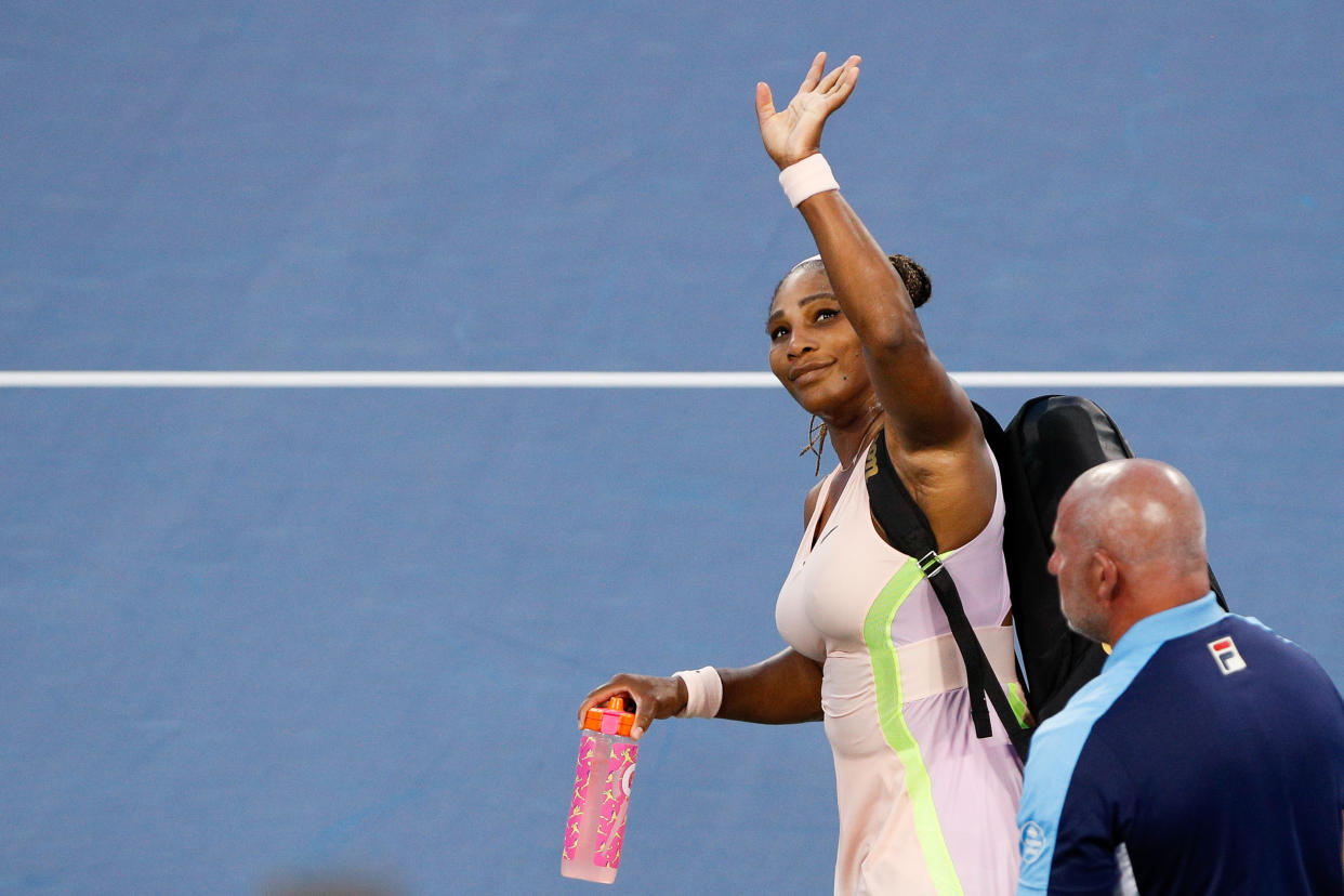 CINCINNATI, OH - AUGUST 16: Serena Williams of the United States waves to the fans after losing to Emma Raducanu of Great Britain 6-4, 6-0 during the first round of the Western & Southern Open on August 16, 2022, at the Lindner Family Tennis Center in Mason, OH. (Photo by Ian Johnson/Icon Sportswire via Getty Images)