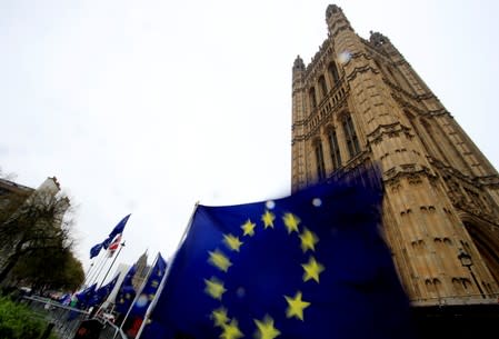 European Union flags are seen outside the Houses of Parliament in London