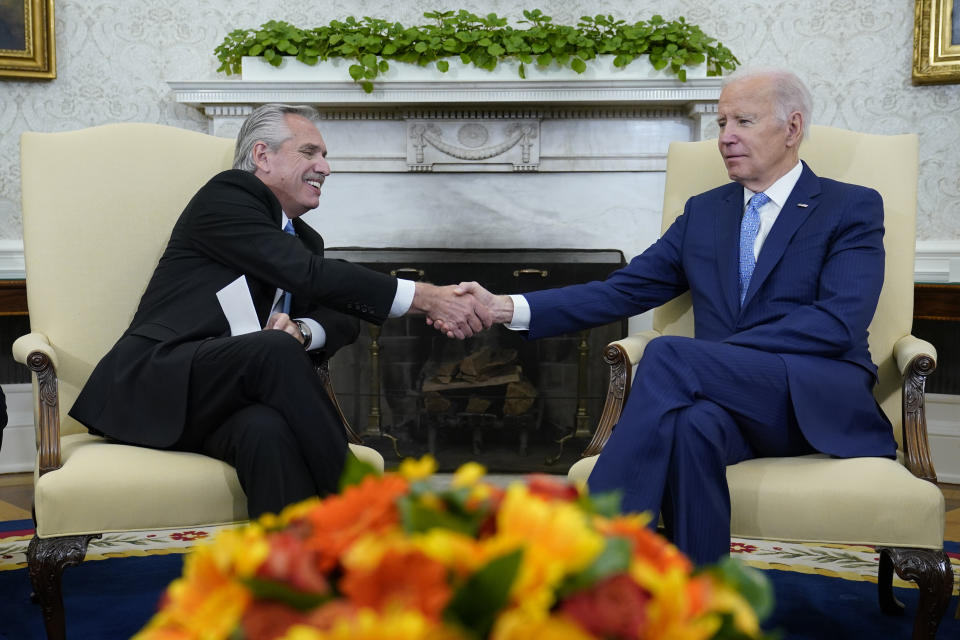 President Joe Biden meets with Argentina's President Alberto Fernandez in the Oval Office of the White House in Washington, Wednesday, March 29, 2023. (AP Photo/Susan Walsh)