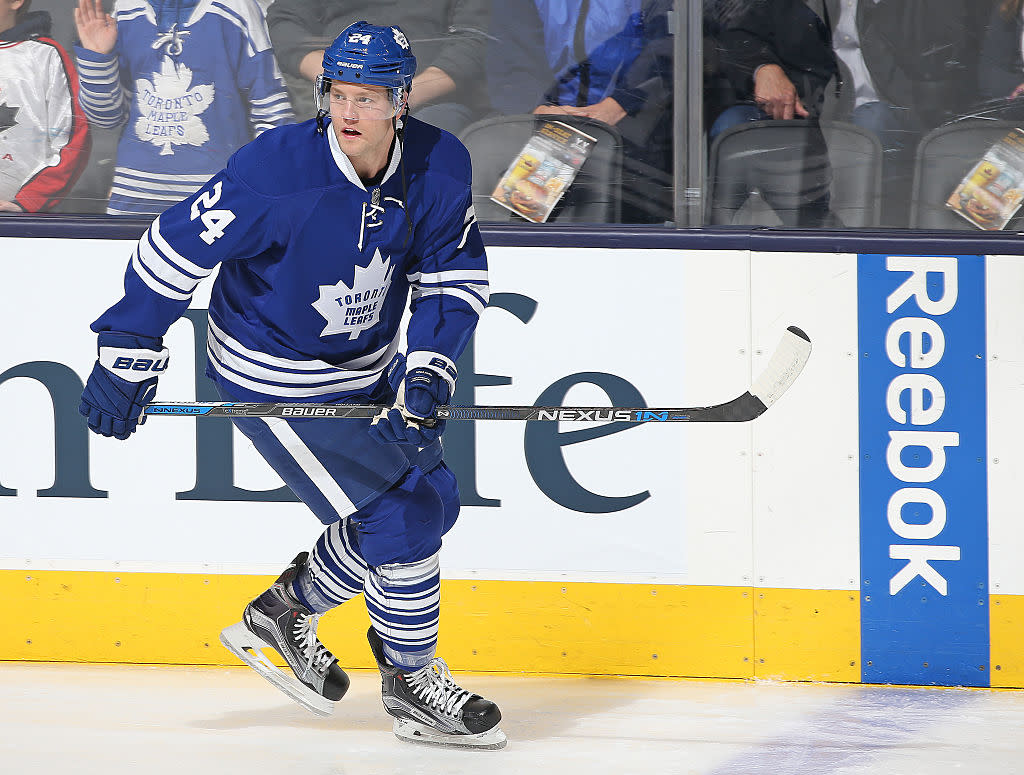 TORONTO, ON - FEBRUARY 18: Peter Holland #24 of the Toronto Maple Leafs skates in the warm-up prior to play against the New York Rangers in an NHL game at the Air Canada Centre on February 18, 2016 in Toronto, Ontario, Canada. The Rangers defeated the Maple Leafs 4-2. (Photo by Claus Andersen/Getty Images)