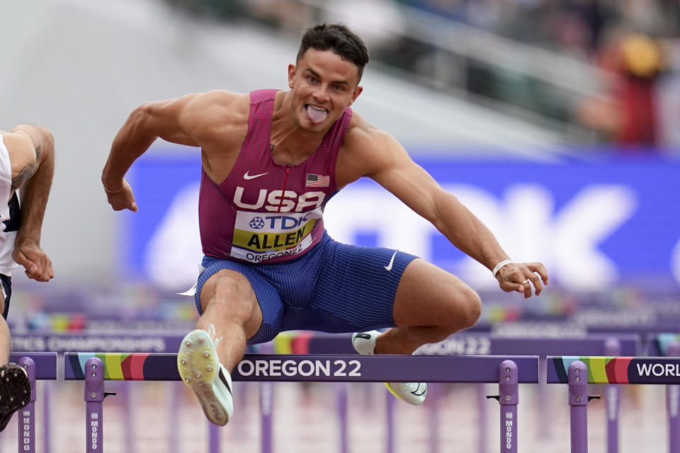 Devon Allen, of the United States, wins a heat in the mens 110-meter hurdles at the World Athletics Championships on Saturday, July 16, 2022, in Eugene, Ore. (AP Photo/Ashley Landis)