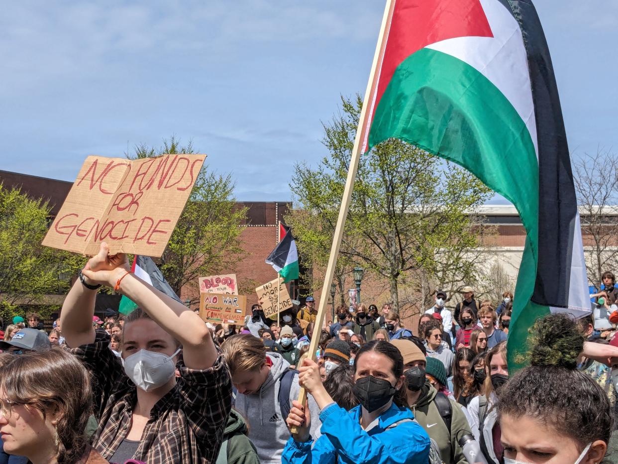 UVM student protests at a pro-Palestine rally on April 29, 2024.