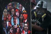 <p>Ein regierungskritischer Demonstrant versteckt sich hinter einem Schild mit Fotos von<br> Präsident Nicolás Maduro und anderen venezolanischen Regierungsmitgliedern. (Bild: AP Photo/Fernando Llano) </p>