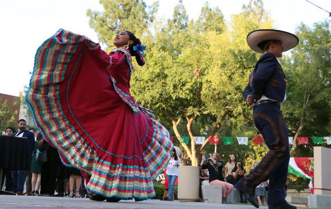 Teocalli dancers perform at the Mexican Independence Day celebration at Fresno City College on Sept. 15, 2023.