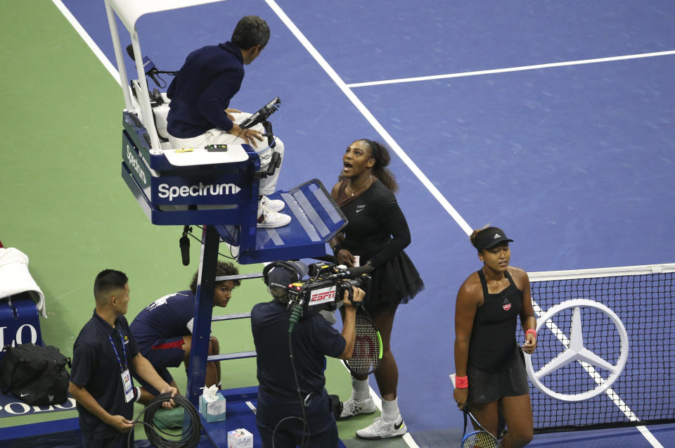 Serena Williams, pictured here blowing up at Carlos Ramos in the 2018 US Open final.