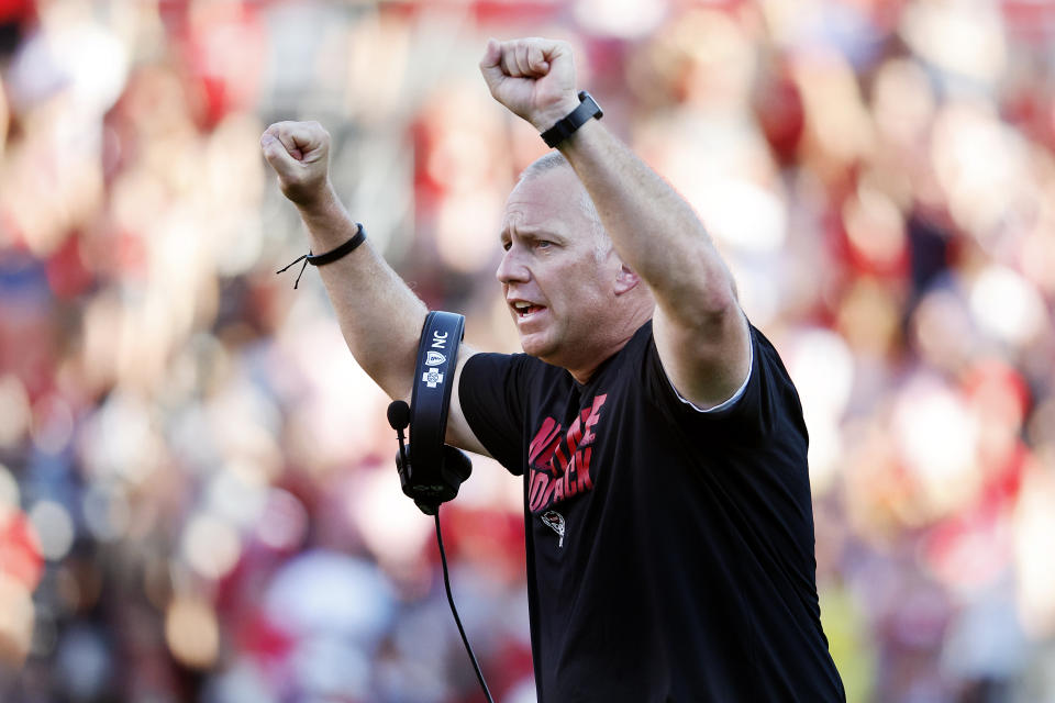 North Carolina State head coach Dave Doeren reacts following a defensive stop of Clemson during the second half of an NCAA college football game in Raleigh, N.C., Saturday, Oct. 28, 2023. (AP Photo/Karl B DeBlaker)