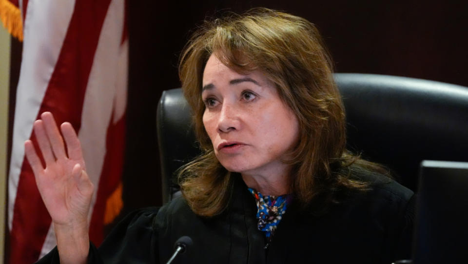 Judge Mary Marlowe Sommer listens during a pretrial hearing in Santa Fe, New Mexico, on Monday, July 8, 2024.