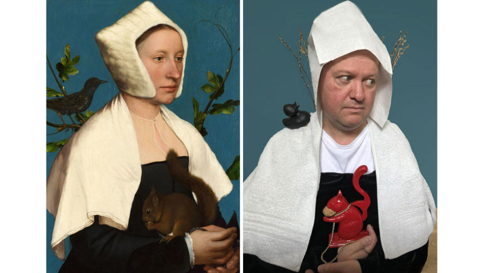 "Dama con ardilla y estornino", de Hans Holbein el Joven, recreada por Bart Cornelis, curador de la Galería Nacional de Londres.