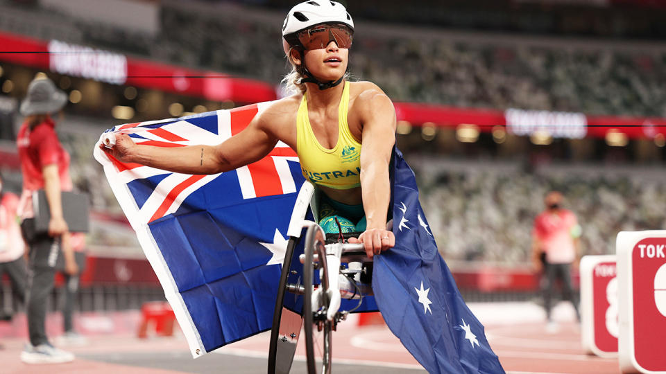 Madison de Rozario, pictured here after winning gold in the 800m - T53 final.