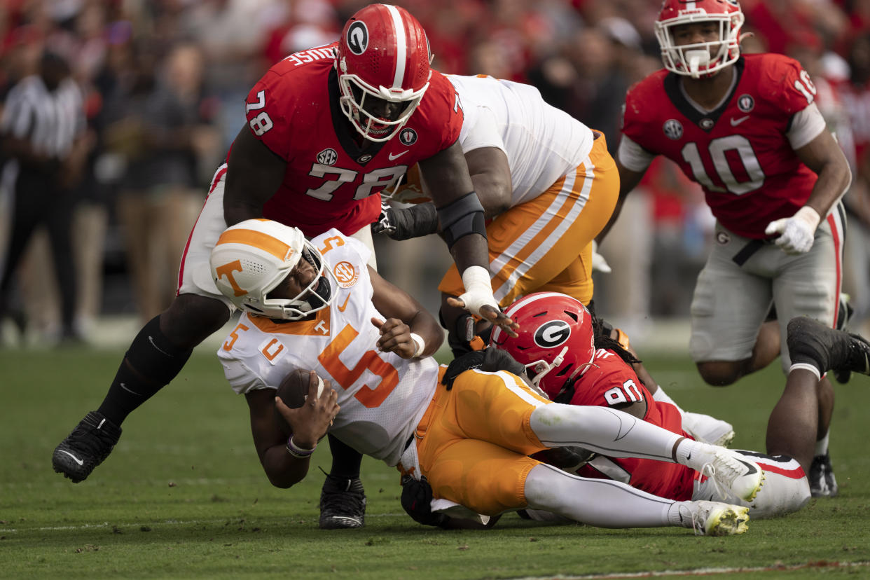 Tennessee quarterback Hendon Hooker (5) saw his Heisman campaign take a big hit on Saturday after a loss to Georgia. (AP Photo/John Bazemore)