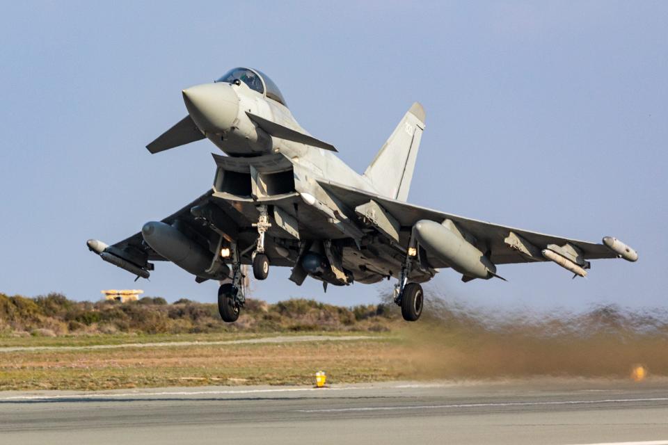 A Royal Air Force Typhoon fighter takes off from RAF Akrotiri, in Cyprus during operations over the Middle East. <em>Crown Copyright</em>