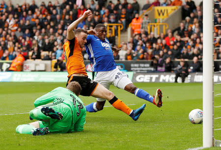 Soccer Football - Championship - Wolverhampton Wanderers vs Birmingham City - Molineux Stadium, Wolverhampton, Britain - April 15, 2018 Wolverhampton Wanderers' Diogo Jota scores their first goal Action Images via Reuters/Andrew Boyers