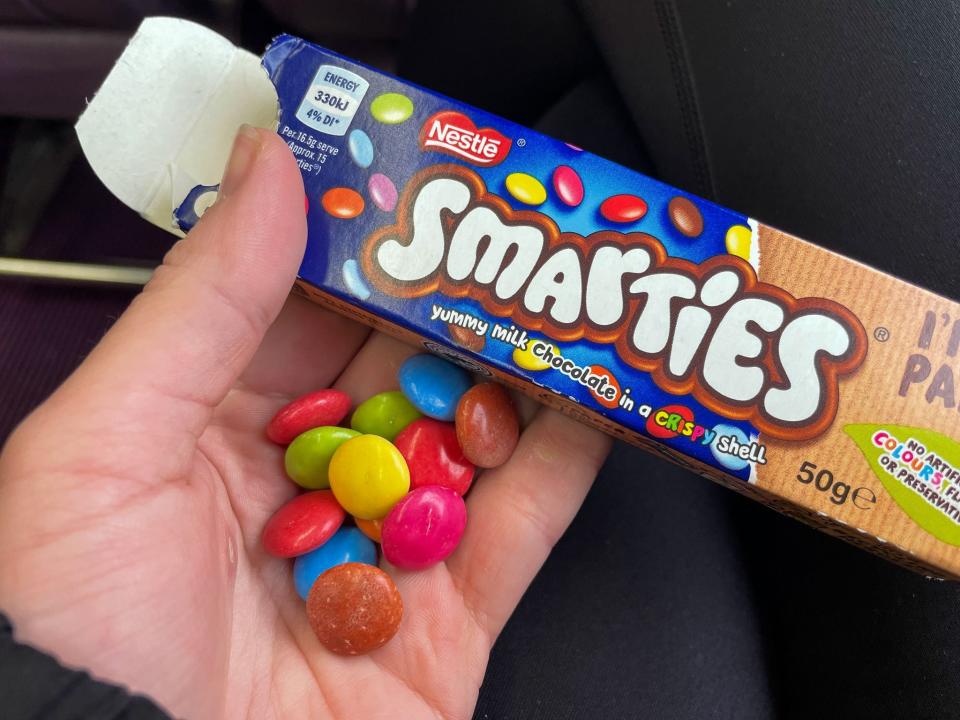 A box of Smarties chocolates.
