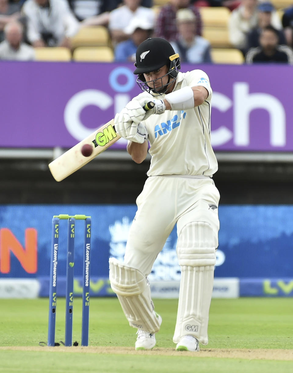 New Zealand's Will Young bats during the second day of the second cricket test match between England and New Zealand at Edgbaston in Birmingham, England, Friday, June 11, 2021. (AP Photo/Rui Vieira)