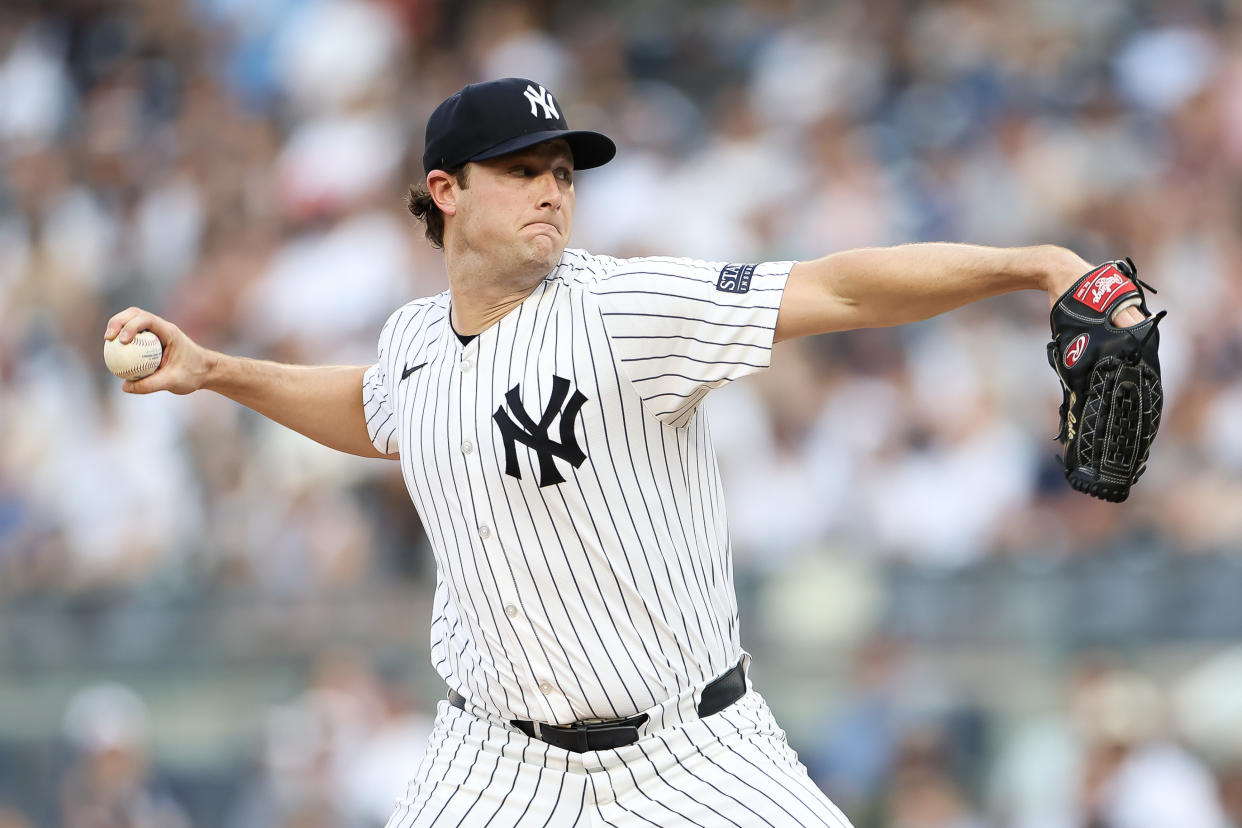 Gerrit Cole threw five strikeouts in four innings against the Orioles in his 2024 debut. (Luke Hales/Getty Images)