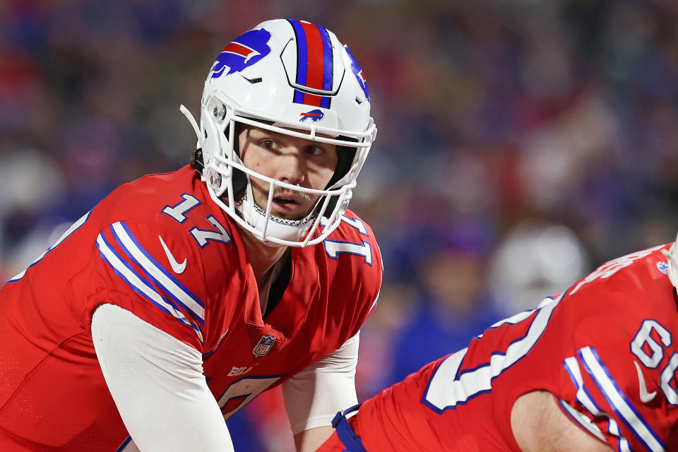 ORCHARD PARK, NEW YORK – OCTOBER 15: Josh Allen #17 of the Buffalo Bills looks on before a snap in the fourth quarter of a game against the New York Giants at Highmark Stadium on October 15, 2023 in Orchard Park, New York. (Photo by Bryan M. Bennett/Getty Images)