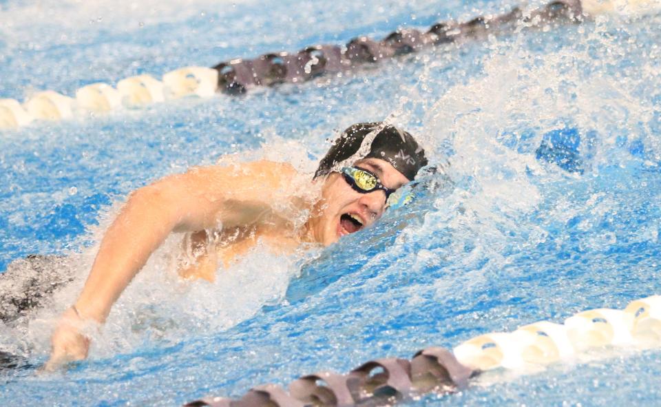 Licking Valley's Tyler Mohler swims the 100 freestyle during the Division II sectional championships at Kenyon College on Saturday, February 10, 2024.