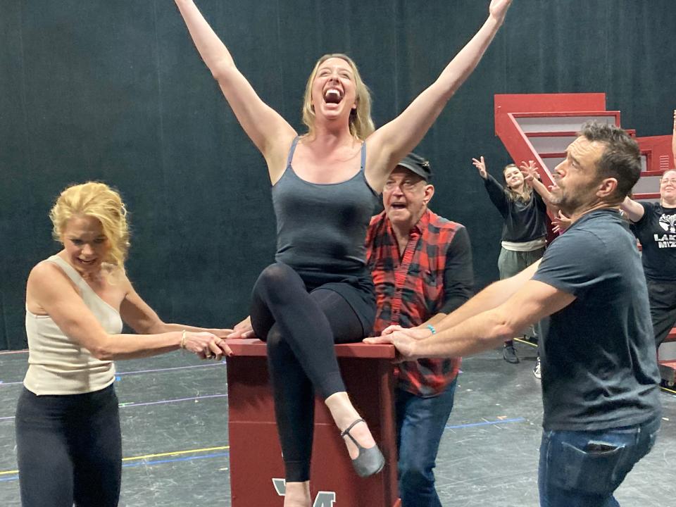 From left to right, Serena Magnan O'Connell, Kim Anderson, Bob Bolyard and Kyle Ferguson rehearse a scene Nov. 1, 2023 in South Burlington for Lyric Theatre's production of "The Prom."