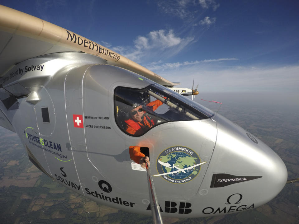 <p>Pilot Bertrand Riccard takes a break from navigating the plane to take a sky-high selfie as he travels to Lehigh Valley from Ohio. (Solar Impulse/Revillard/Rezo.ch)</p>