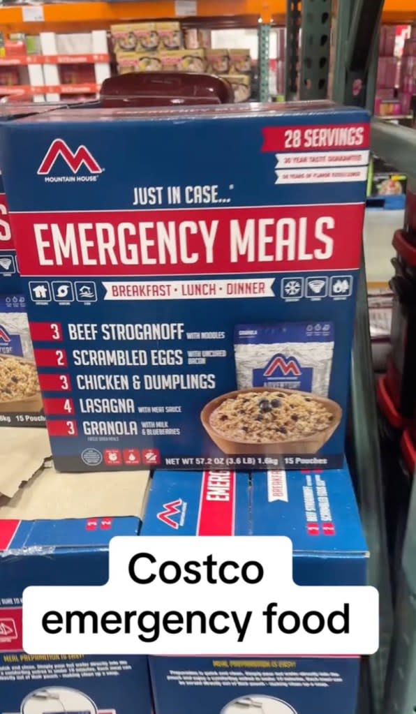 A popular survivalist TikToker has gone viral with 4.3 million views after sharing a video on Costco’s bulk-sized emergency food offerings that store meals for about a month and a half. @charminglyfrugal / TikTok