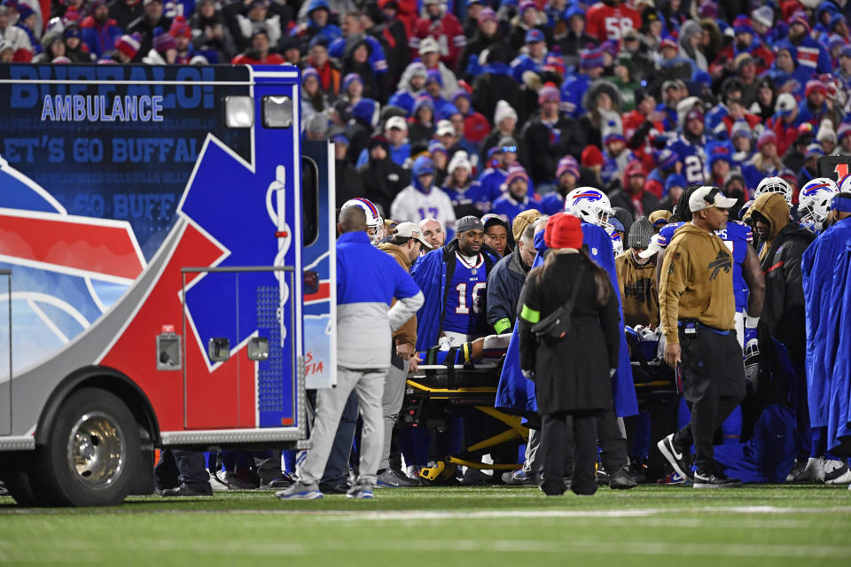 Buffalo Bills safety Taylor Rapp is taken from the field in an ambulance after being injured on a play during the first half of an NFL football game against the New York Jets in Orchard Park, N.Y., Sunday, Nov. 19, 2023. (AP Photo/Adrian Kraus)
